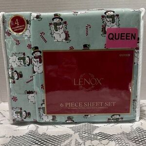 Lenox Queen Sheet Set Holiday Light Green With Festive Snowman & Candy Canes